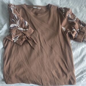 Joie Brown Top with Embroidered Sleeves